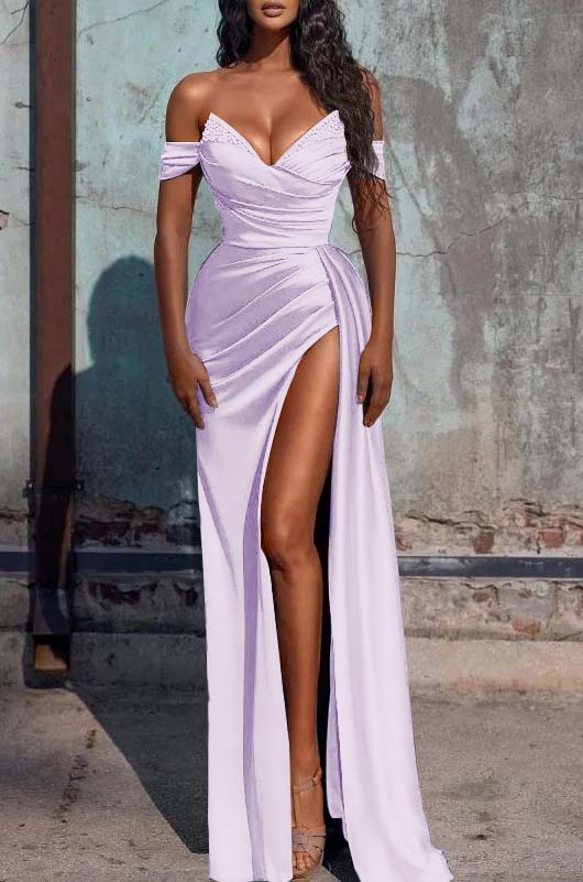 Hidais Mermaid Dusty Blue Off the Shoulder Sleeveless Prom Dress With High Split