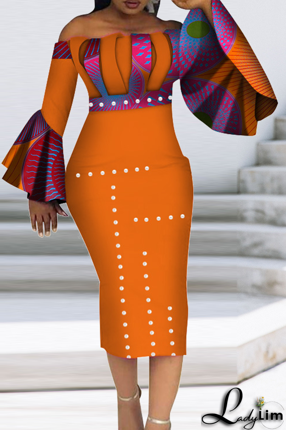 Orange Vintage Print Patchwork Off the Shoulder Pencil Skirt Dresses