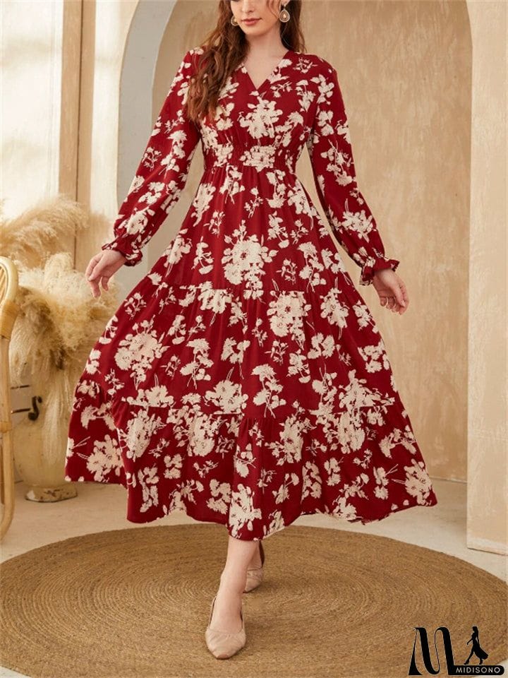 MidiSono - Autumn Winter Female Flower Print Long-sleeved Dresses
