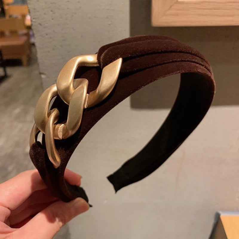 New Velvet Headband Female Retro Temperament Headwear Golden Chain Headband