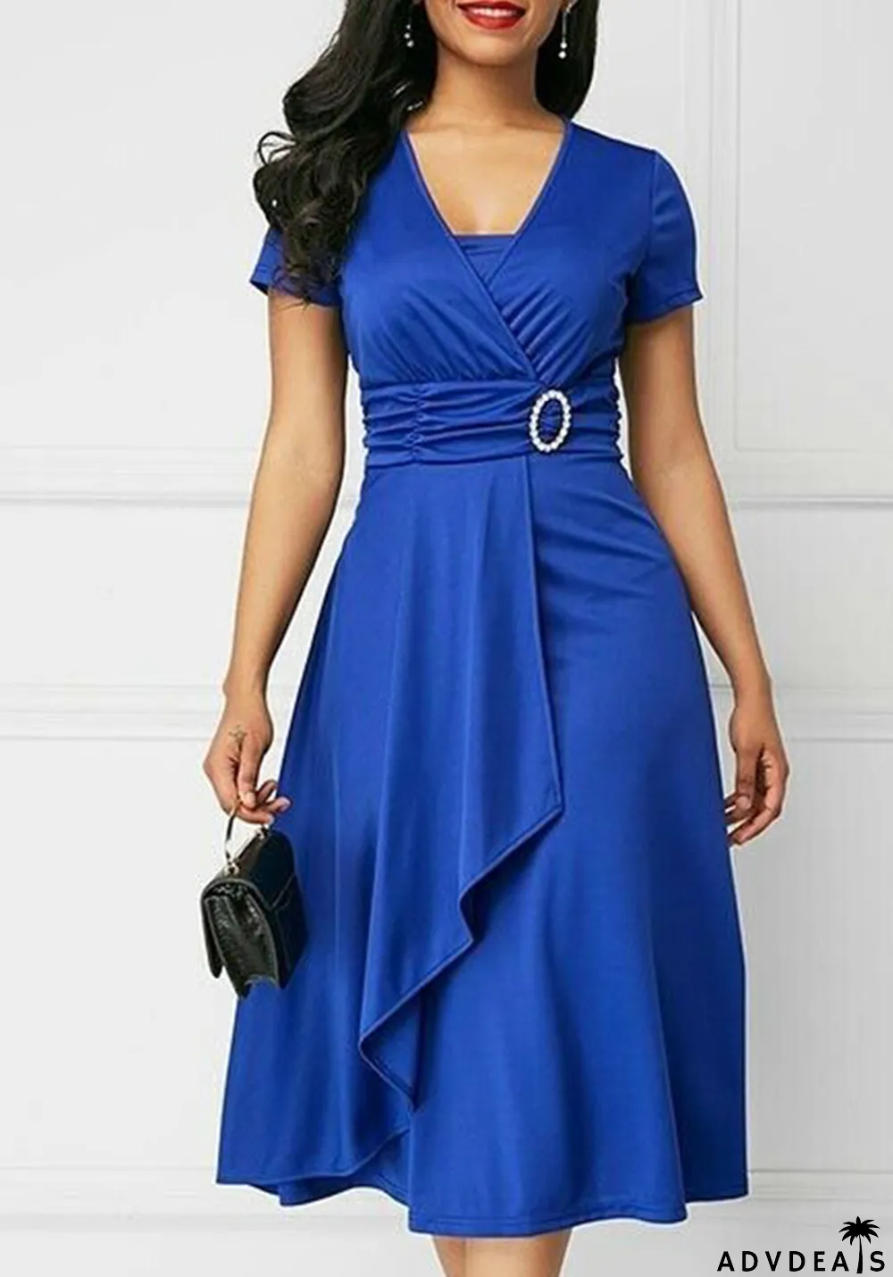 Women Summer Solid V Neck Asymmetric Midi Dress