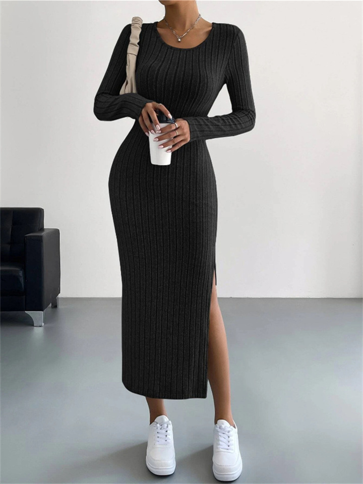 Explosive New Fall and Winter Long-sleeved Round Neck Split Knit Long Slim Some Elegant Wind Dresses for Women