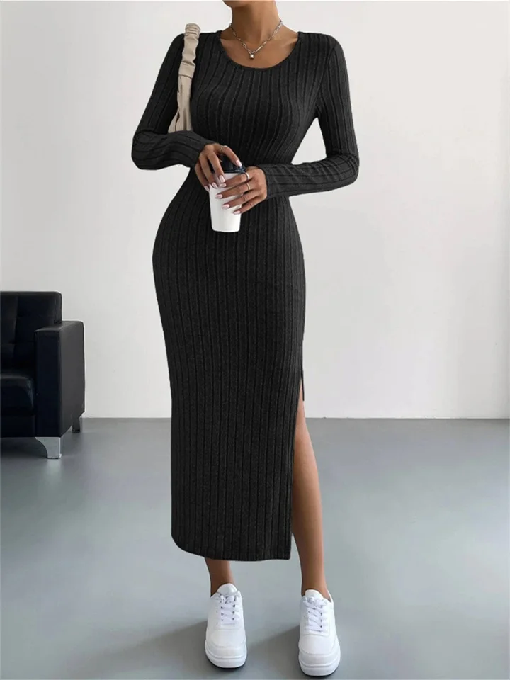 Explosive New Fall and Winter Long-sleeved Round Neck Split Knit Long Slim Some Elegant Wind Dresses for Women-Cosfine