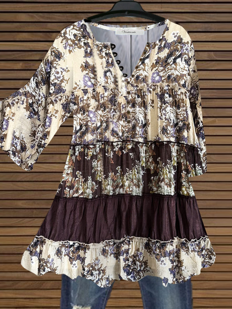 Women 3/4 Sleeve V-neck Floral Printed Graphic Button Tops