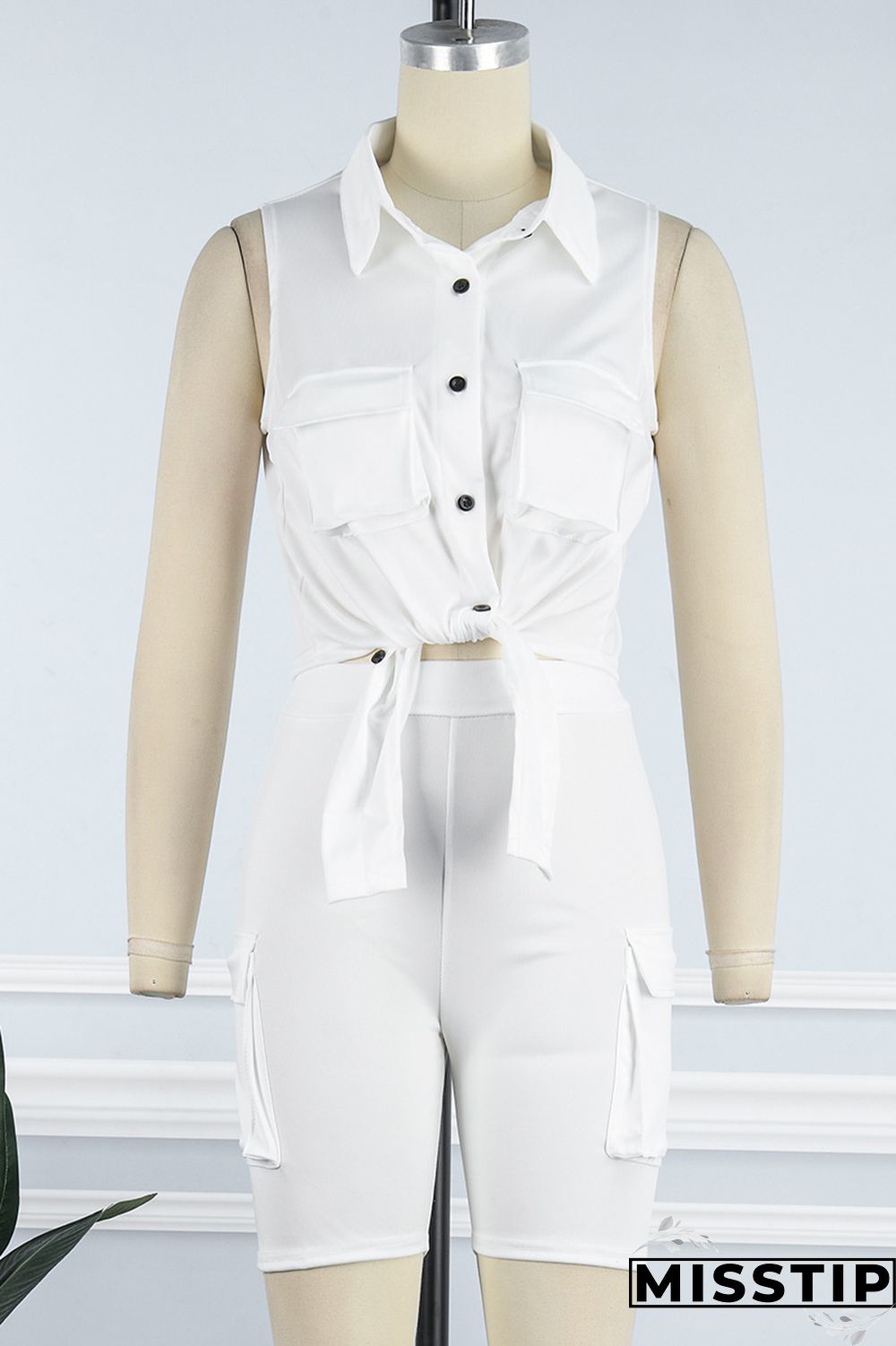 Khaki Casual Solid Patchwork Turndown Collar Sleeveless Two Pieces