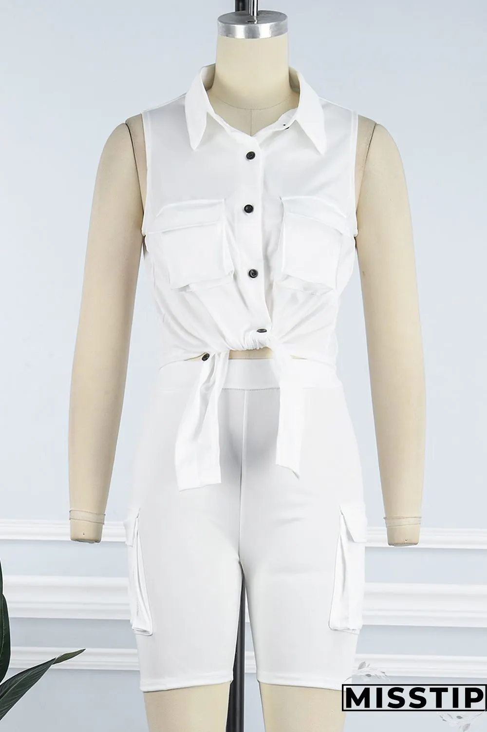 Khaki Casual Solid Patchwork Turndown Collar Sleeveless Two Pieces