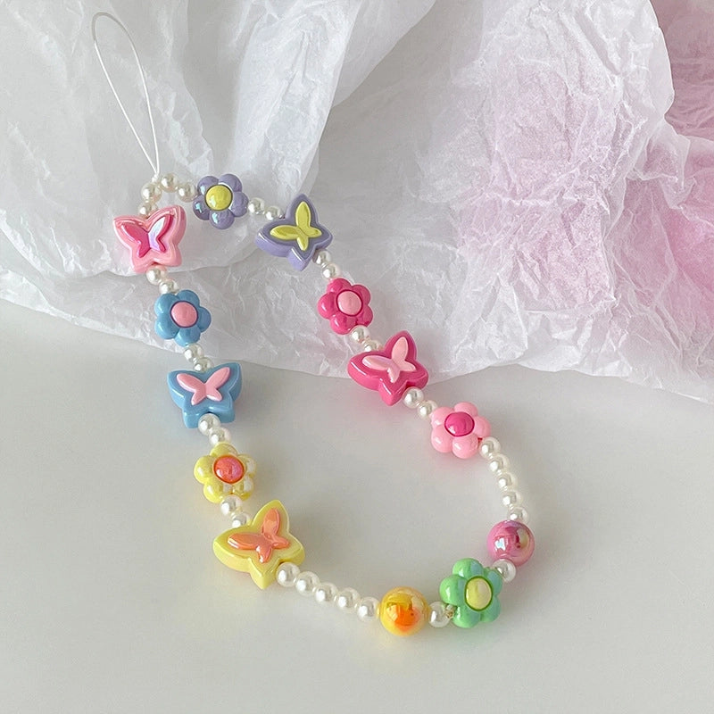 Sweet Minimalist Flower Butterfly Arylic Artificial Crystal Beaded Plating Mobile Phone Chain