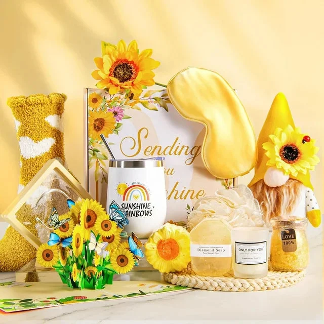 Sending Sunshine Gifts for Women-iTi 13Pcs Sunflower Gifts,Care Package,Get Well Soon after Surgery Self Care Relaxation Spa Birthday Gifts Basket for Sister Best Friend Coworker Wife Mom Teacher