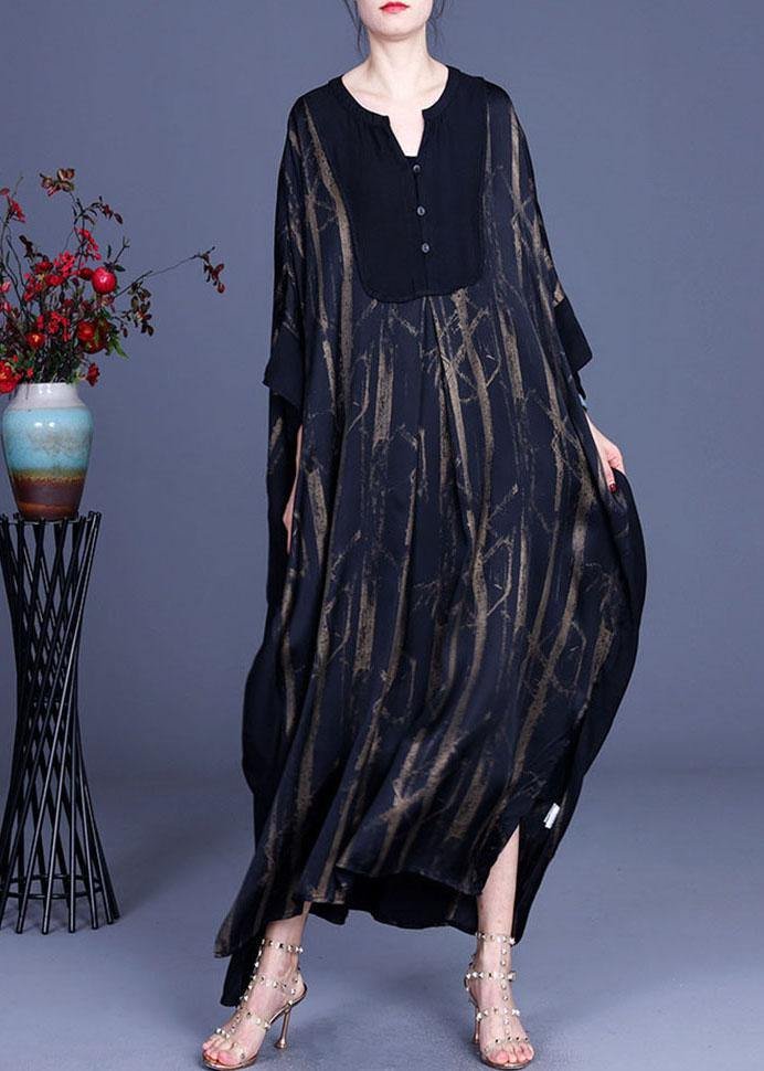 Casual Black V Neck Print Patchwork Silk Summer Dresses Batwing Sleeve
