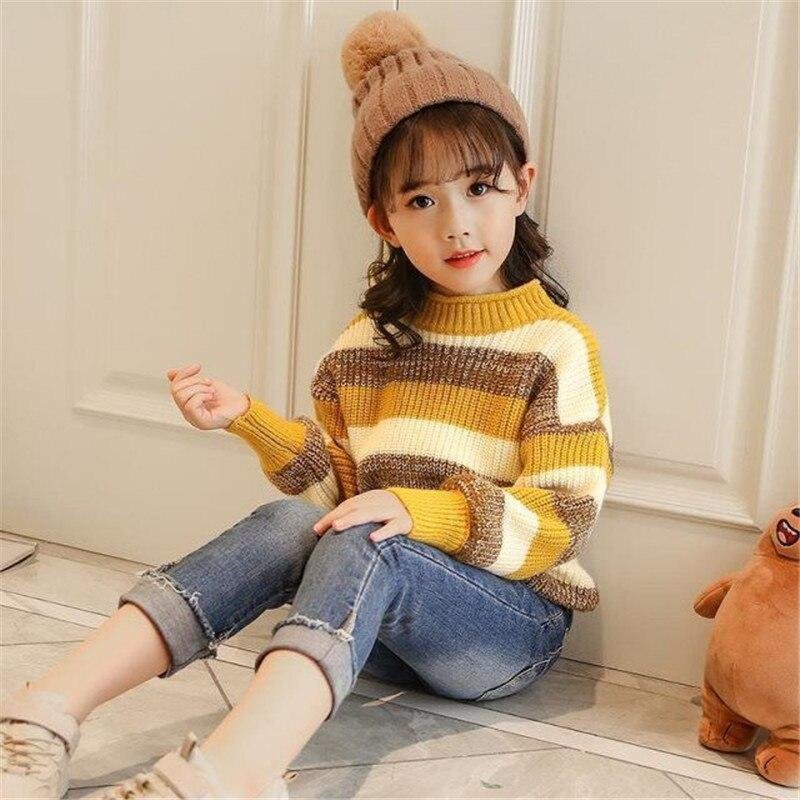 Spring Winter Girl Casual Hedging Sweater Children's Knitted Woolen Kids Warm Thicken Plus Velvet High Quality Color Matching