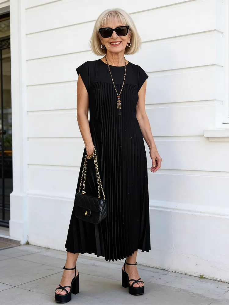 Elastic Dress Women's Elegant Fashion Crew Neck Sleeveless Pleated Long Dress