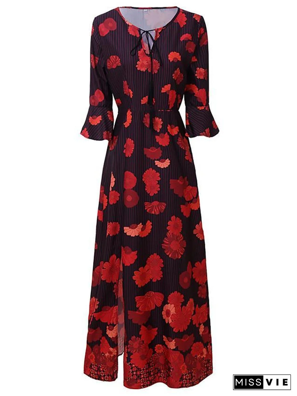 Women's T Shirt Dress Tee Dress Maxi long Dress - Long Sleeve Floral Split Patchwork Print Spring Fall Casual Red Orange S M L XL Black Dresses
