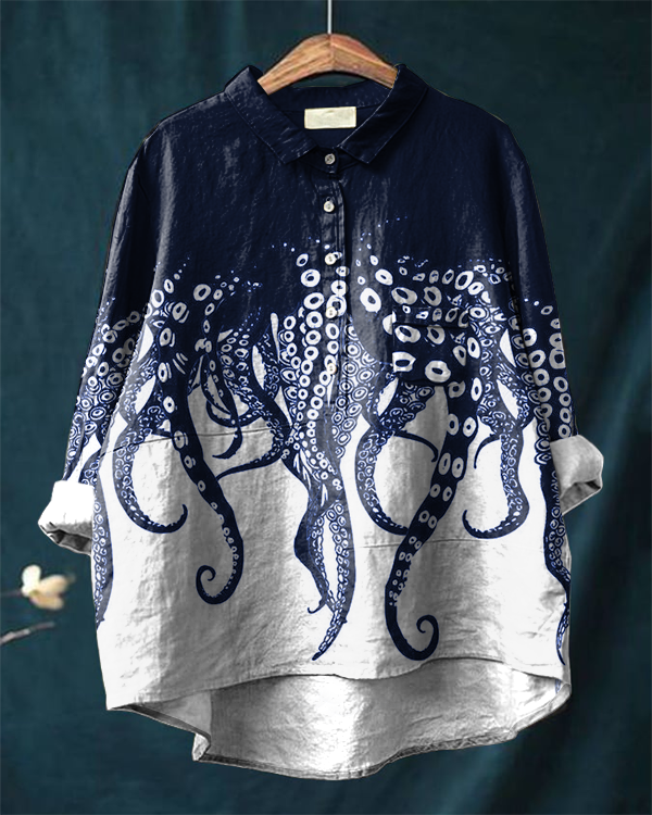 Japanese Octopus Art Print Casual Cotton and Linen Shirt