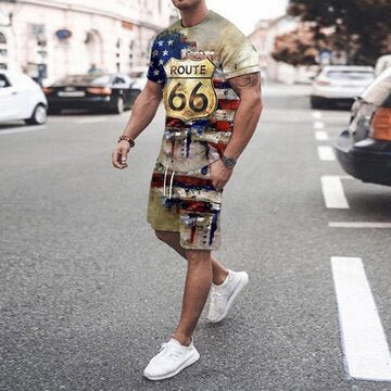 Men's cards printed short sleeve shorts fashion sports casual suit