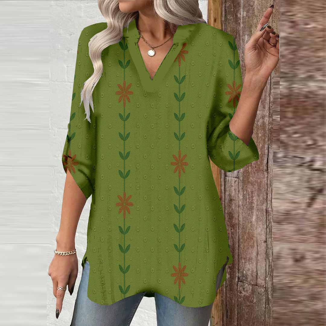 Women Floral,Green,Red DZGA0289 3/4 Sleeve V-neck Printed Graphic Button Tops