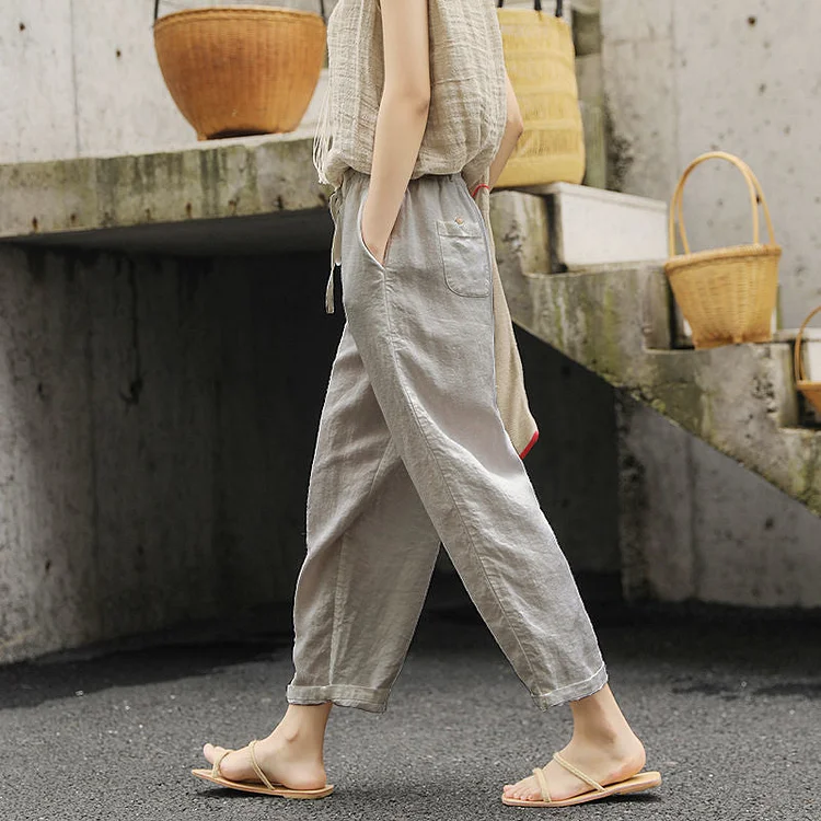 Vintage Cotton And Linen Elastic Waist Casual Trousers For Woman