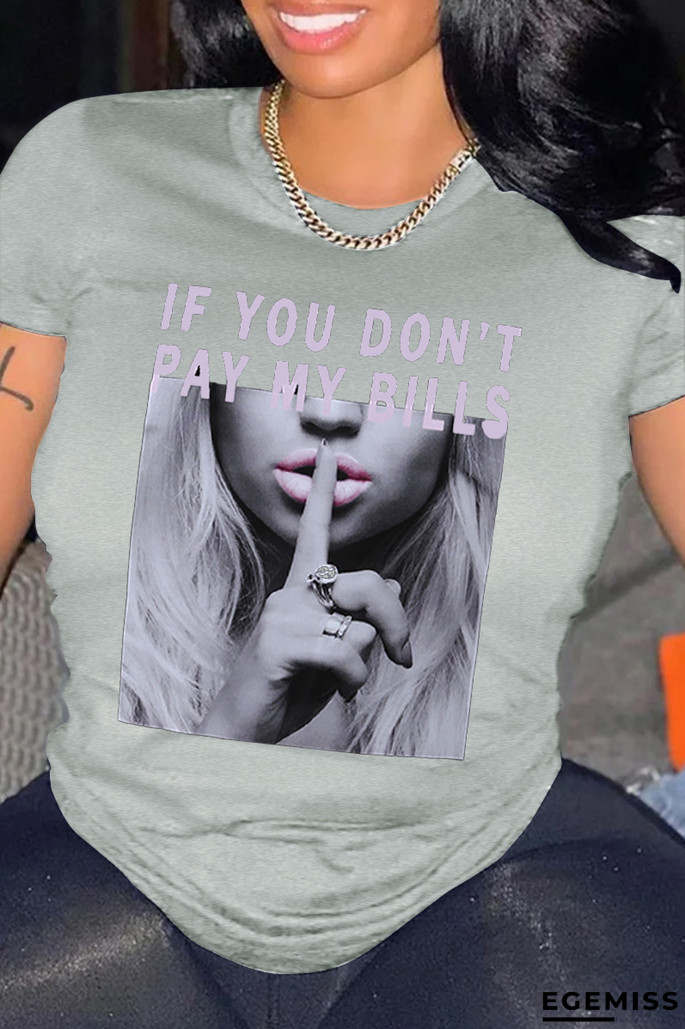 Grey Fashion Casual Print Basic O Neck T-Shirts | EGEMISS