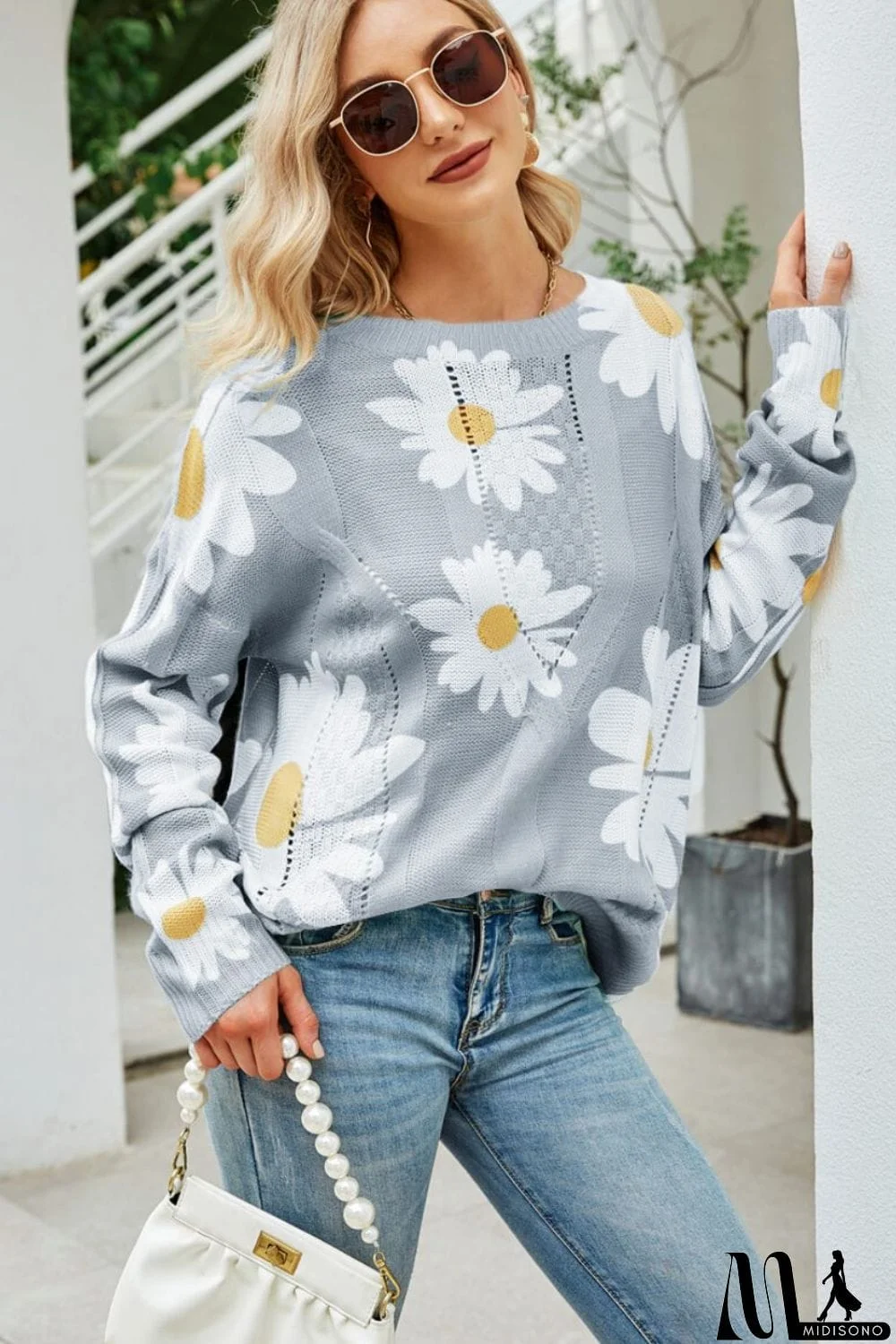MidiSono - Daisy Print Openwork Round Neck Sweater