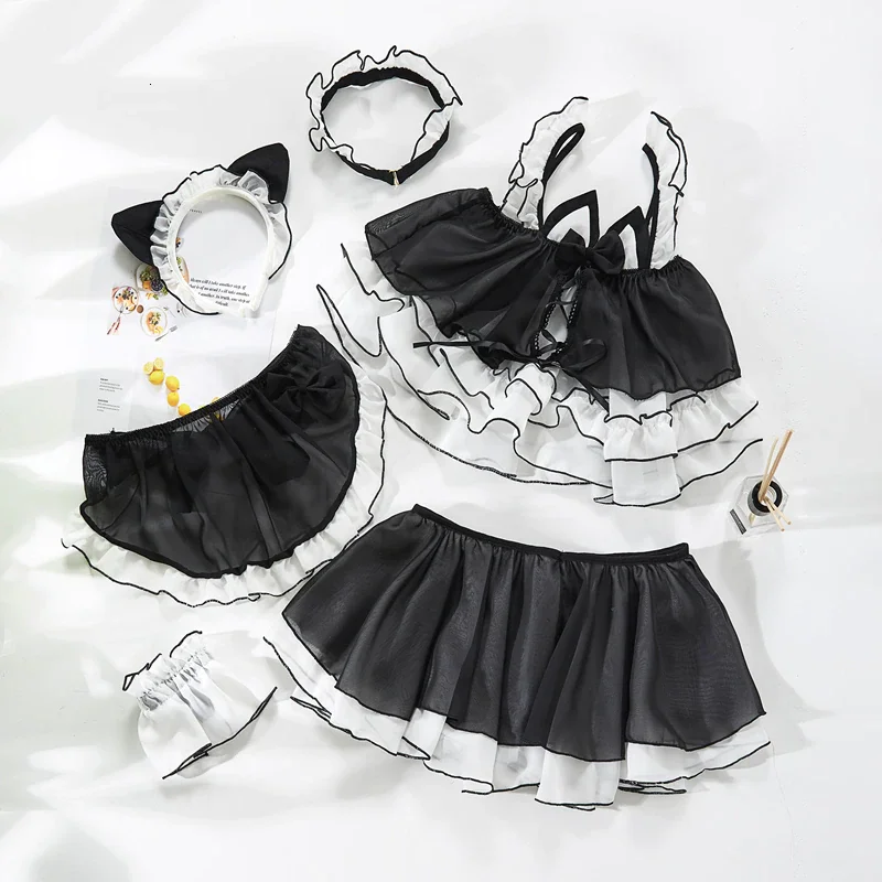 Billionm Lolita Cute Cat Girl Sexy Maid Uniform Transparent Lingerie Schoolgirl Womens Devil Cosplay Costumes Anime Underwear Outfit