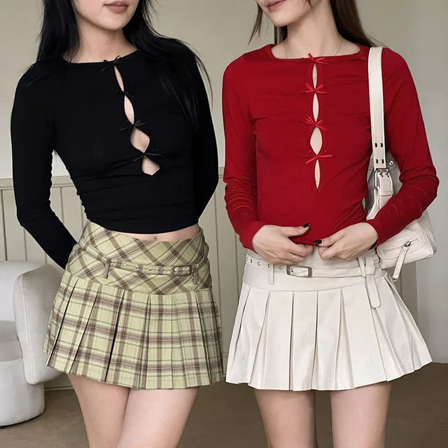 Women Solid Casual Basic Undershirt Bow Tie Hollow Shirt Tops Comfort Soft Long Sleeve Versatile Street Fit