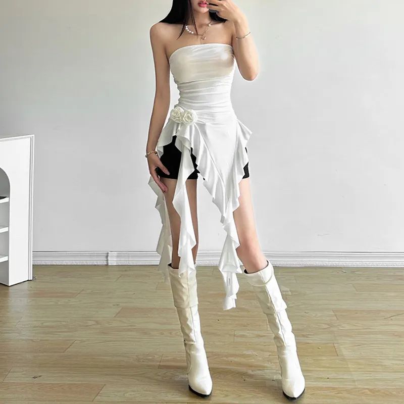 Churchf 2024 Summer New Women's Fashion Sexy Belt Wrapped Chest Irregular Side Dress