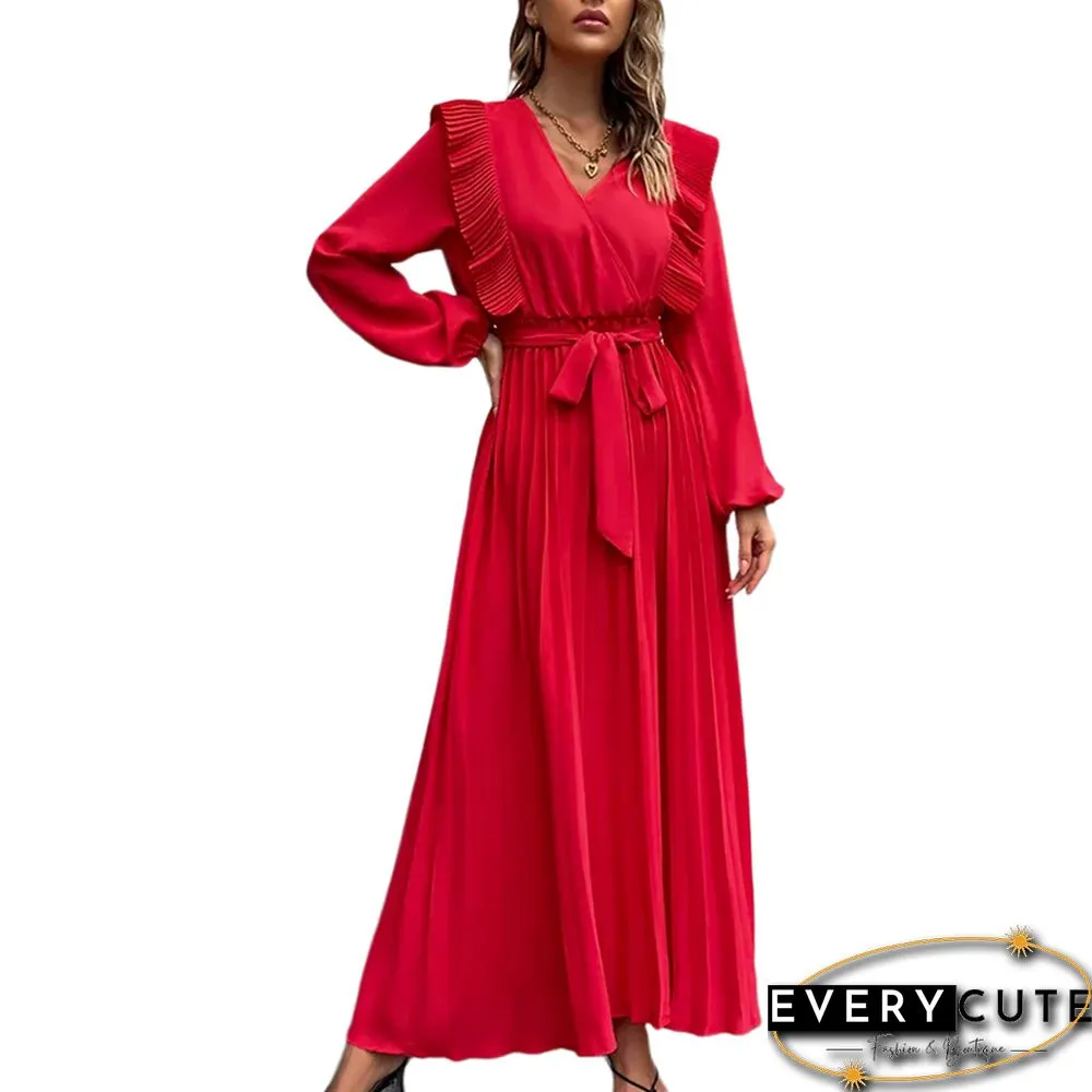 Red V Neck Pleated Tie Waist Swing Maxi Dress