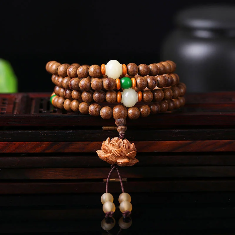 108 Mala Beads Agarwood White Jade Lotus Prayer Meditation Necklace Bracelet