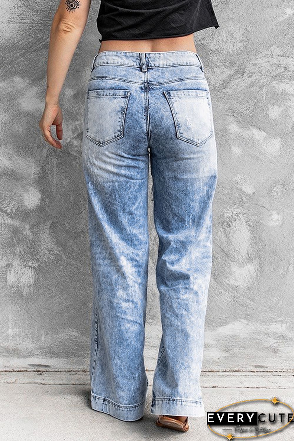 Light Blue Washed Holes Ripped Wide Leg Jeans