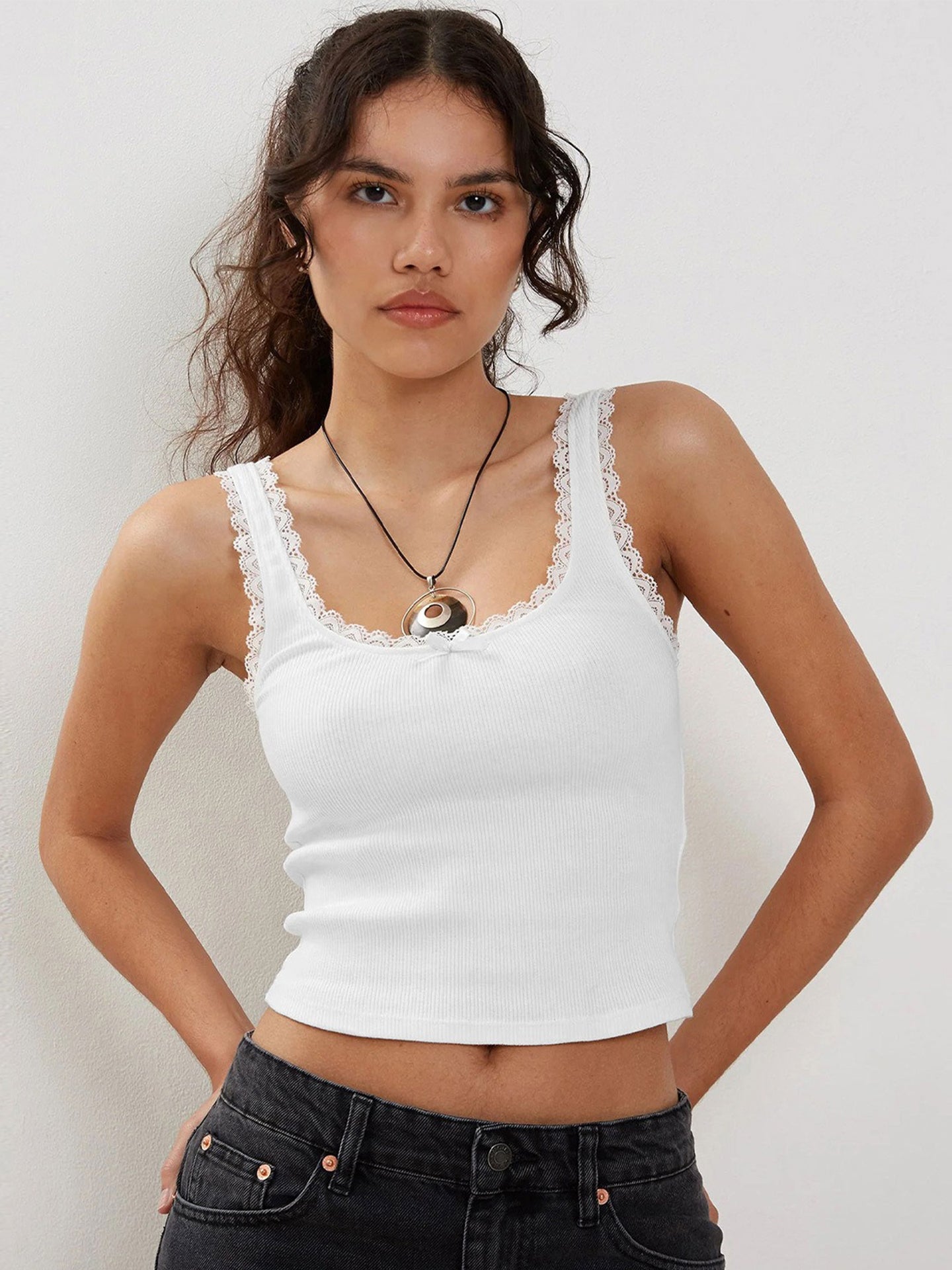 Lace-Trim Ribbed Knit Tank Top