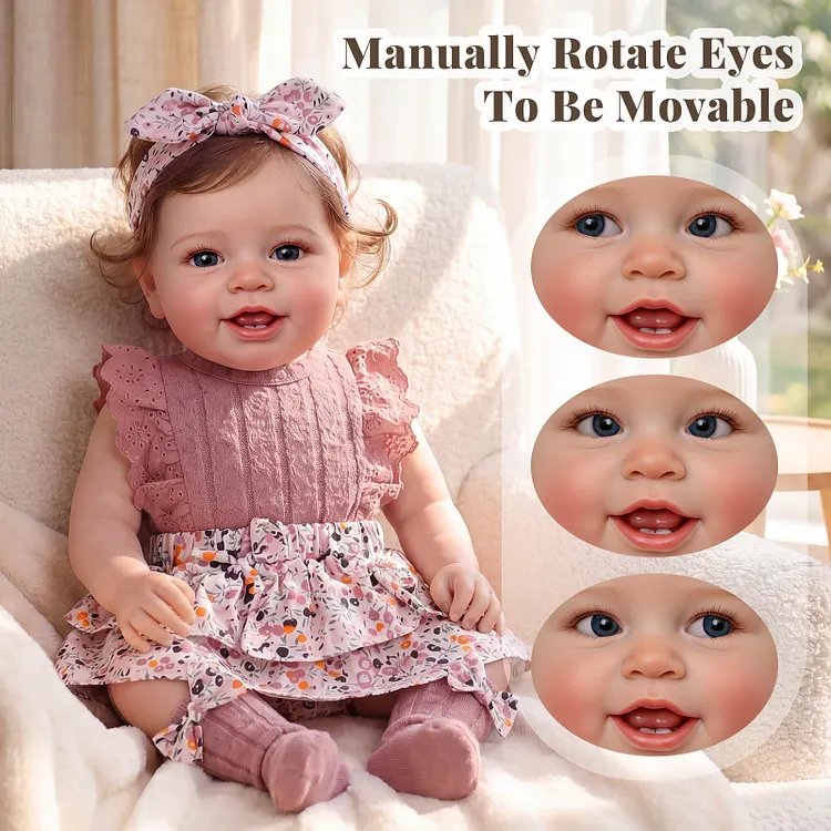 [Pre-Order] Upgraded Babeside Vead 20" Smiling Reborn Baby Girl &ndash; Movable Eyes, Mauve Ruffle Knit Top & Floral Skirt Outfit