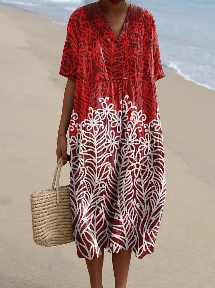 Women's Vintage Flower Art Print Flowy Dress