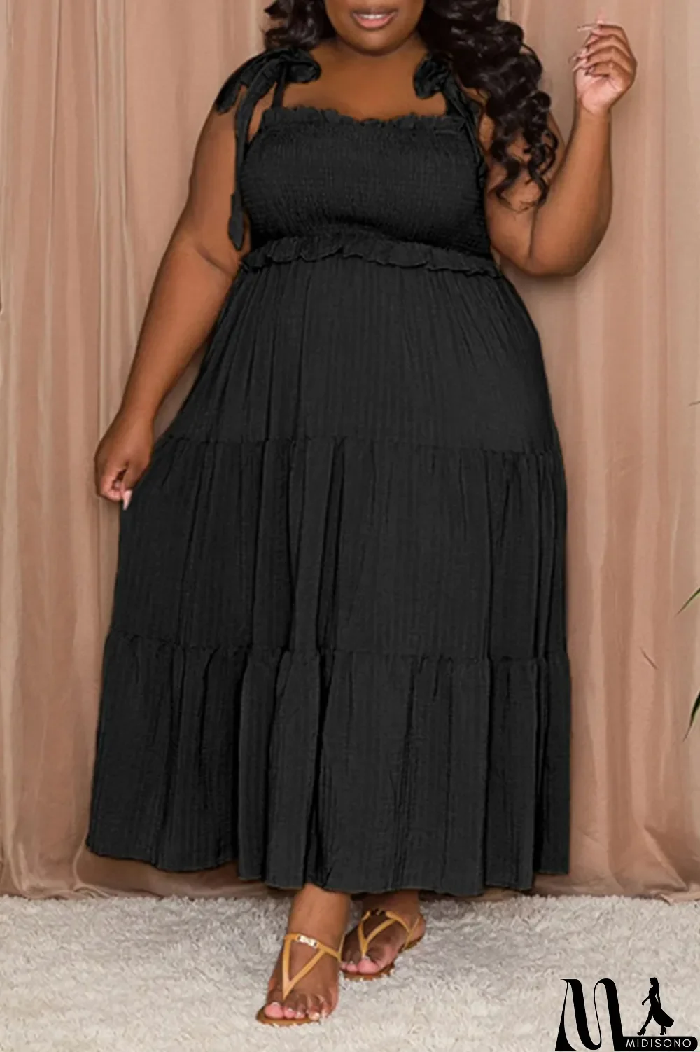 MidiSono - Pink Casual Sweet Solid Bandage Patchwork Fold Spaghetti Strap Sling Dress Plus Size Dresses