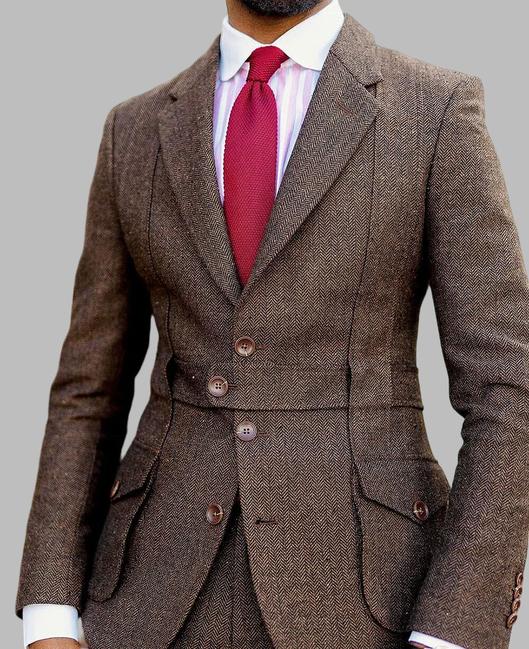 Notch Lapel Single Breasted Belt Design Herringbone Jacket