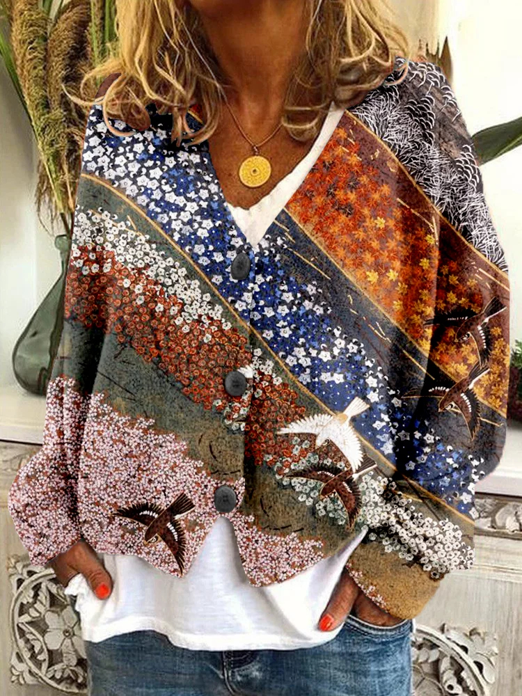 Japanese Flower Mountain Art Cozy Button Cardigan