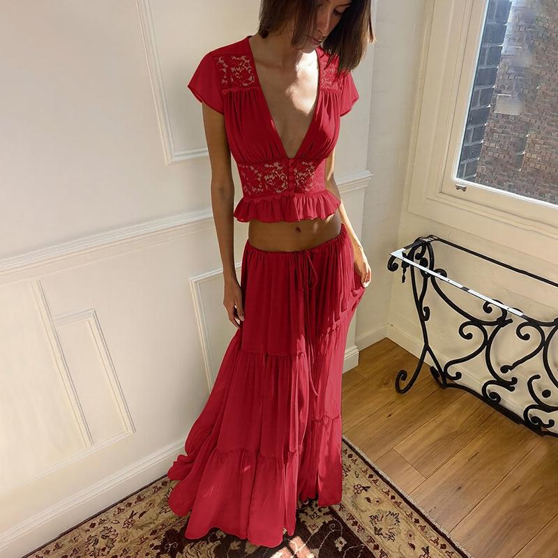 Women Summer Short Sleeve V Neck Tops Long Skirt Beach Vacation Chiffon Two Piece Set Outfit Women Summer Short Sleeve V Neck Tops Long Skirt Beach Vacation Chiffon Two Piece Set Outfit