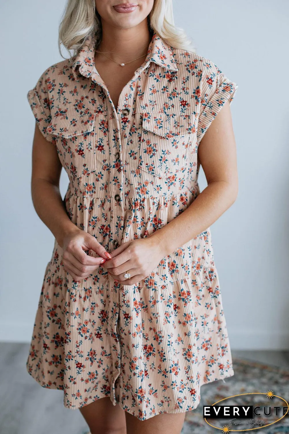 Pink Short Sleeve Flap Pockets Shirt Floral Dress