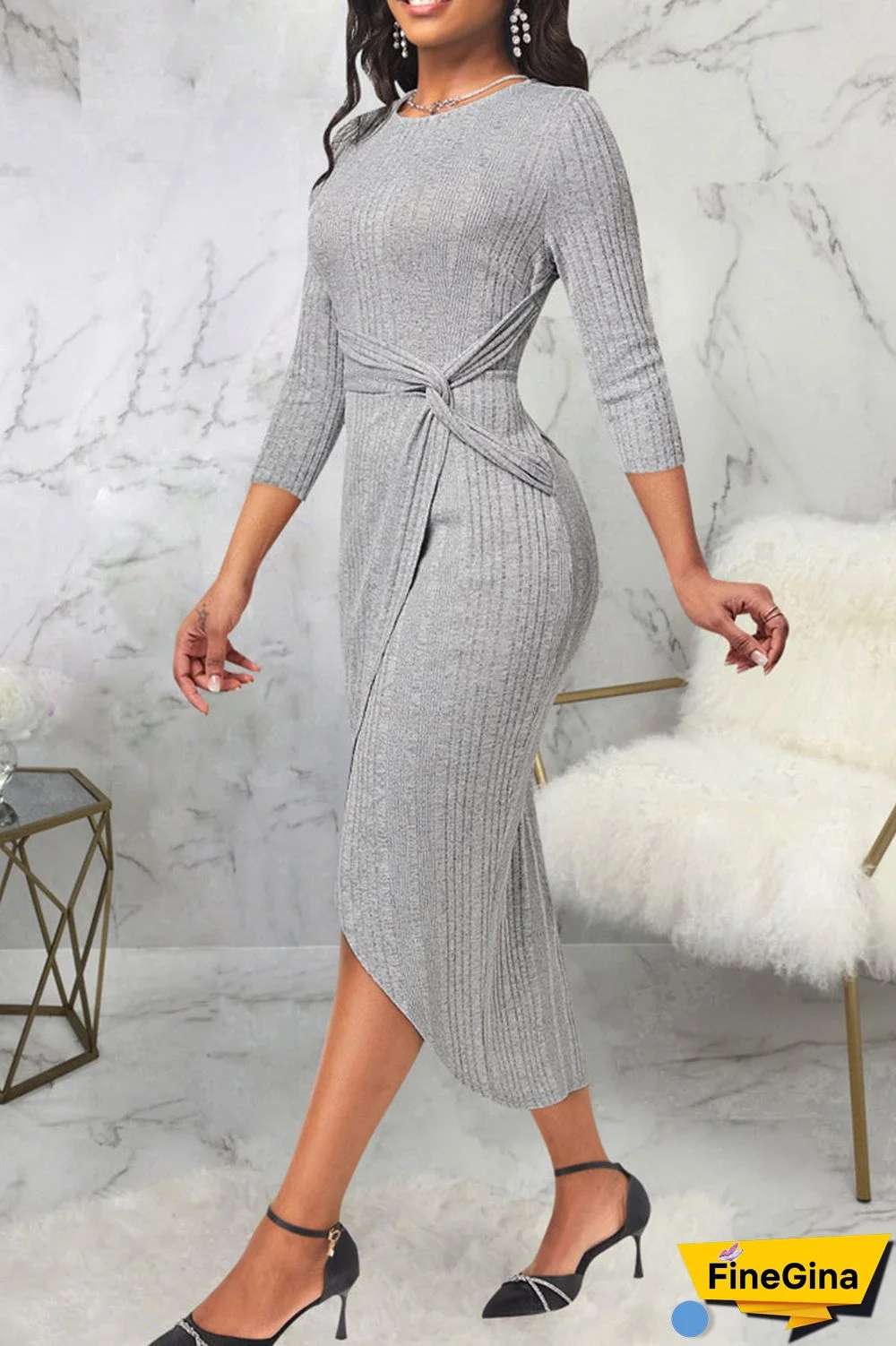 Grey Casual Solid Patchwork Asymmetrical O Neck Straight Dresses