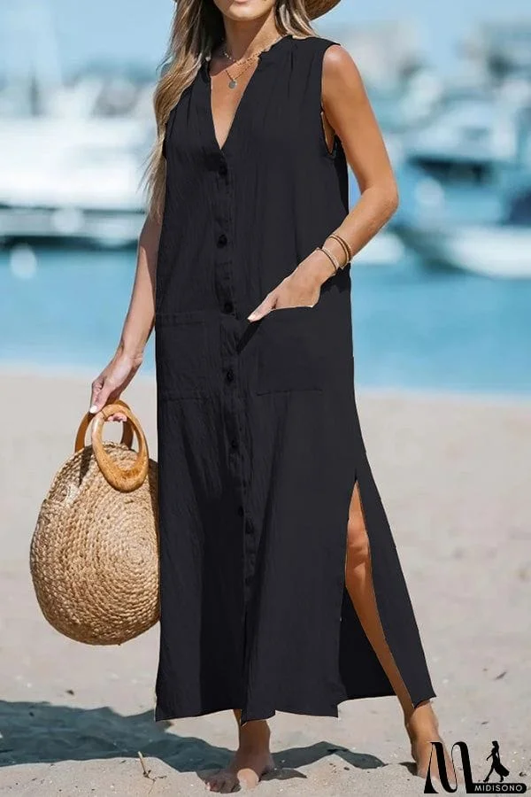MidiSono - Cotton and linen sleeveless solid color single-breasted loose V-neck dress