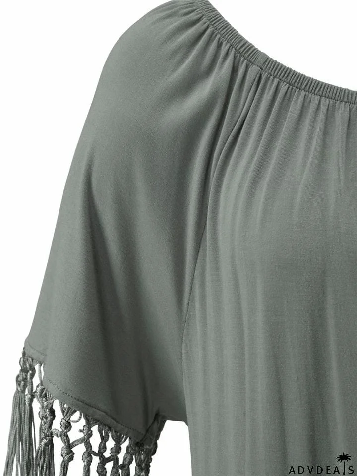 Stylish Off Shoulder Tassel Half Sleeve Pocket Rompers