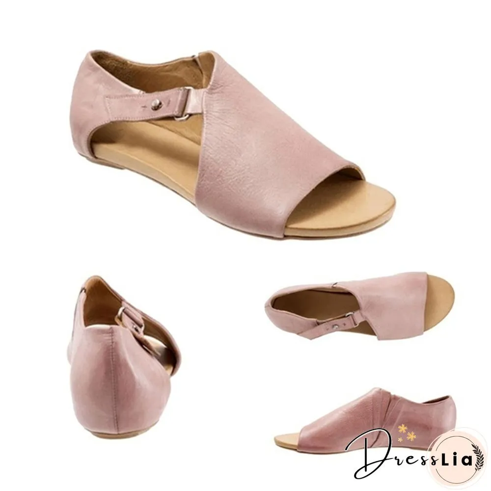 Plus Size Fashion Women's Leather Flat Sandals Buckle Strap Slippers Fish Mouth Shoes