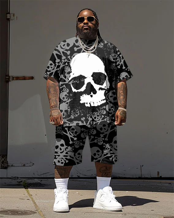 Men's Plus Size Street Hip Hop Skull Print T-Shirt Shorts Suit