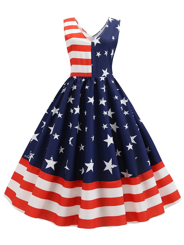 Mayoulove 1950s Dress American Flag V Neck Striped Dress-Mayoulove