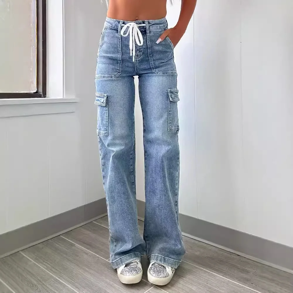 Women's Casual Lace-up Multi-bag Functional Straight Denim Jeans