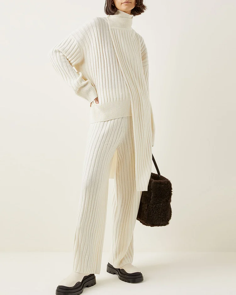 Ribbed-Knit Turtleneck Sweater And Pants Two-Piece Set