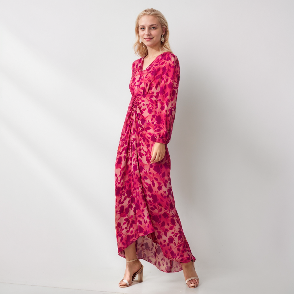 Pink Long Sleeves Silk Dress V-neck REAL SILK LIFE