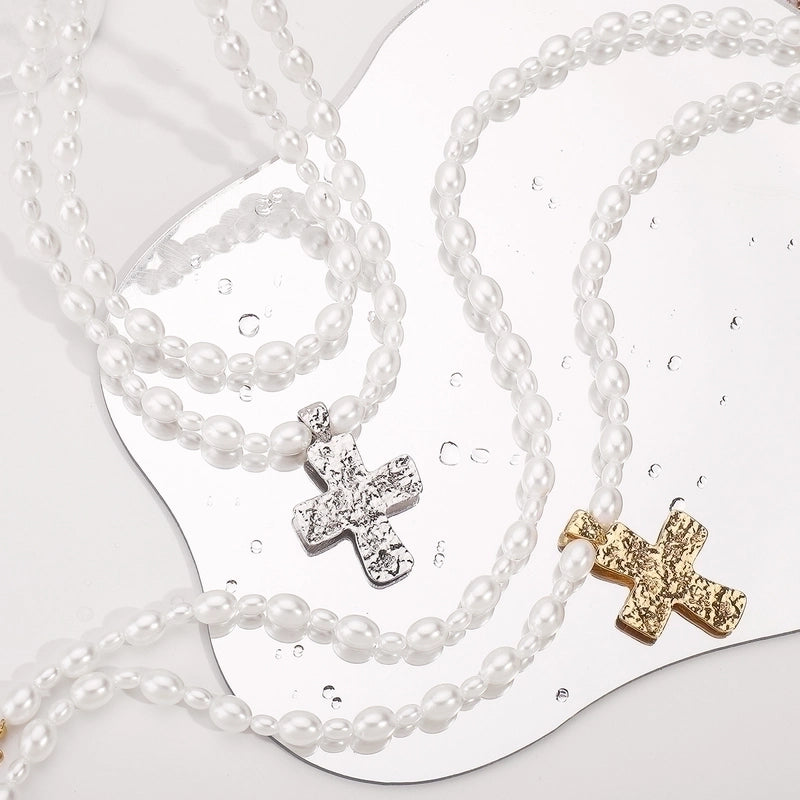 Elegant Glam Streetwear Cross Imitation Pearl Alloy Double Layer Necklaces3