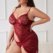Lovingerie - Large Size Sexy Lace Transparent Set with Suspender Slit Style Lingerie Two Piece Set