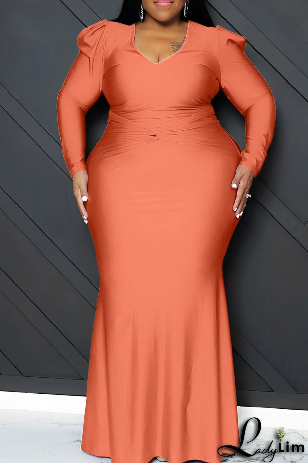 Orange Casual Solid Patchwork V Neck Long Sleeve Plus Size Dresses