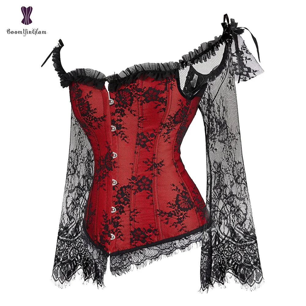Long Floral Sleeves Women's Sexy Gothic Victorian Corset Vintage Lace Up Bustier Off Shoulder Corsets Overbust Top