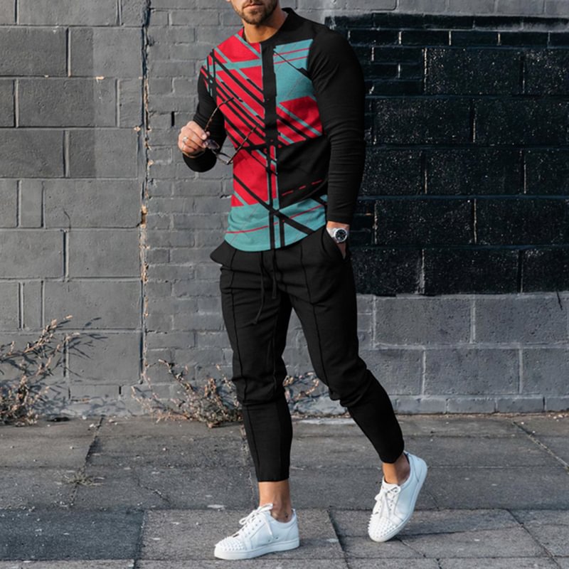 Men's Abstract Color Block Splicing Long Sleeve T-Shirt And Pants Co-Ord